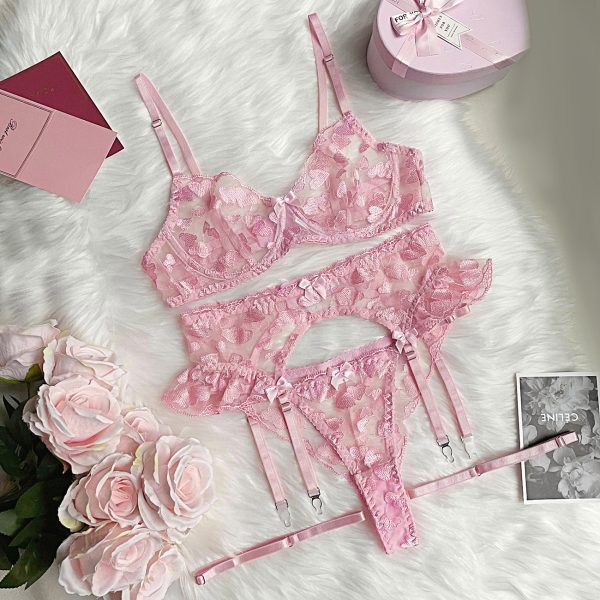 DIER European and American Heavy Industry Love Embroidery Girl Lace Bow Sexy Lingerie Garter 4-piece Set - Image 6