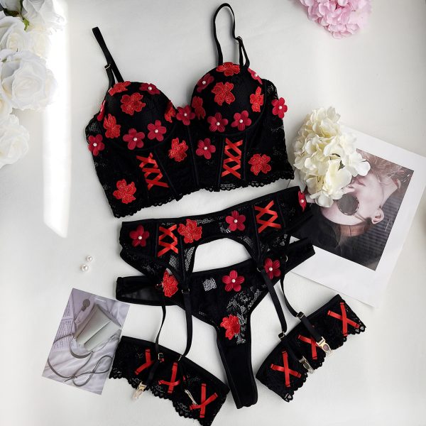 DEIR European and American Sexy with Mold Cup Heavy Craft Steel Ring Intimates Flower Hand-sewn Intimates Set - Image 3