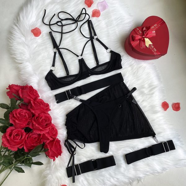 DIER  Fashion European and American Strap Cross Neck Sexy Mesh Overskirt Hollow Sexy Underwear Set - Image 6