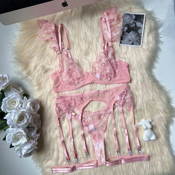 Dier Sexy Sexy Lingerie Embroider Perspective Mesh Loaded 5-Piece Bra Set - Image 6