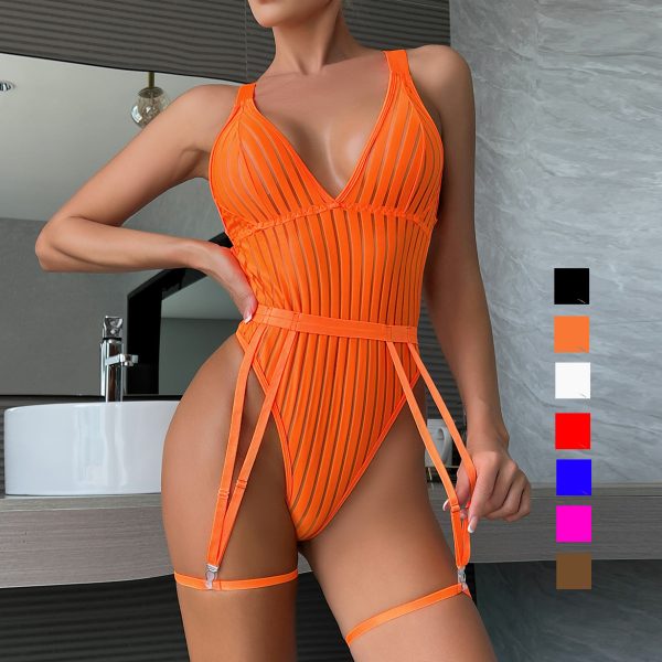 Explosions Women's Striped Backless See-through Mesh Stitching Body Shaping jumpsuit