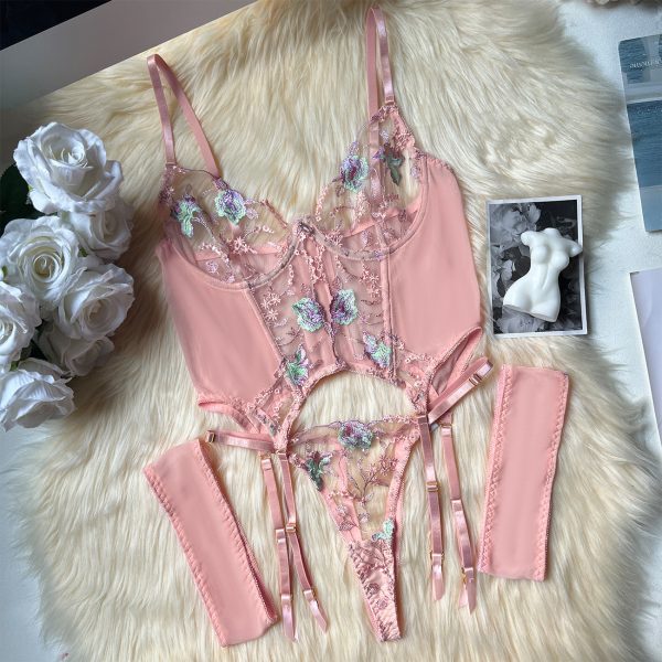 Sexy Temptation Mesh Heavy Industry Embroidery Mesh Pack 3-piece Bra suit - Image 9