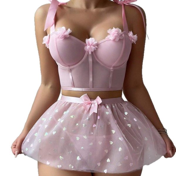 Europe and the United States sexy three-dimensional flower bow strap sequin mesh skirt sexy underwear suit - Image 5