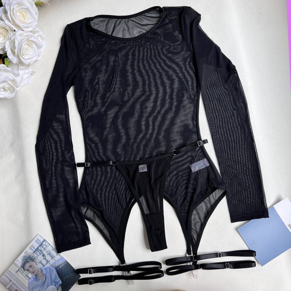 DIER foreign trade fashion sexy mesh perspective one-part shorts long sleeve high collar mesh transparent one-part top - Image 6