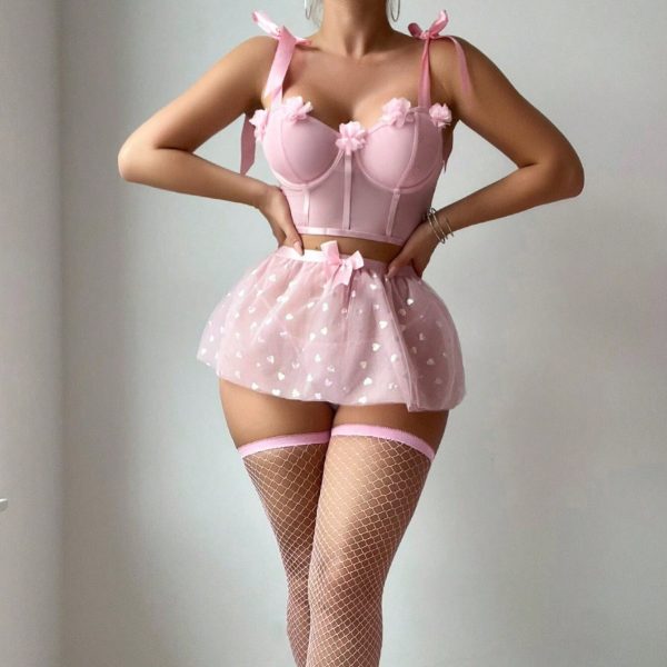 Europe and the United States sexy three-dimensional flower bow strap sequin mesh skirt sexy underwear suit - Image 3