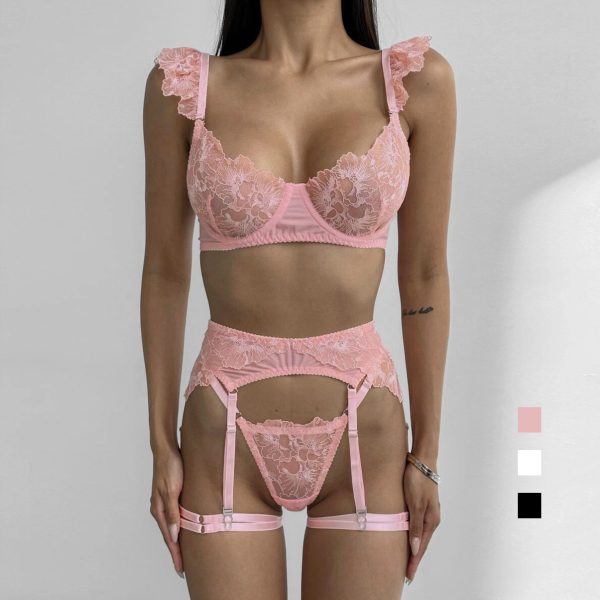 Dier Sexy Sexy Lingerie Embroider Perspective Mesh Loaded 5-Piece Bra Set - Image 2