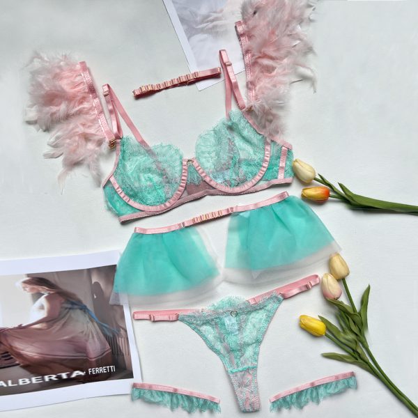 DIER high-end quality summer new feather foreign trade Women's lace eyelash stitching sexy underwear kit - Image 6