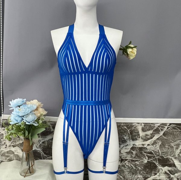 Explosions Women's Striped Backless See-through Mesh Stitching Body Shaping jumpsuit - Image 11