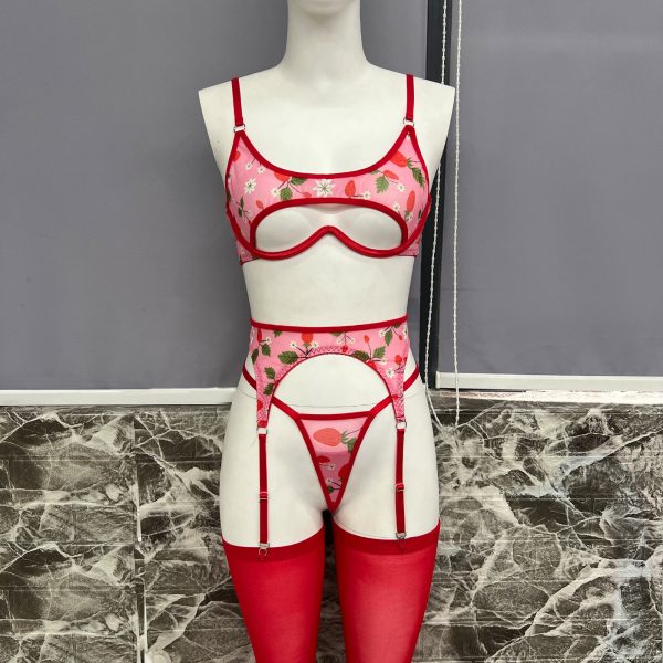 DIER European and American sexy red floral mesh tulle mesh tights set 4-piece underwear set - Image 7