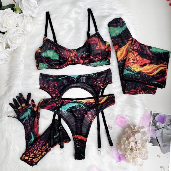 DIER European and American ins Tie-Dye Lingerie 5-piece New Tie-Dye Sexy Lingerie Sexy Kit - Image 6