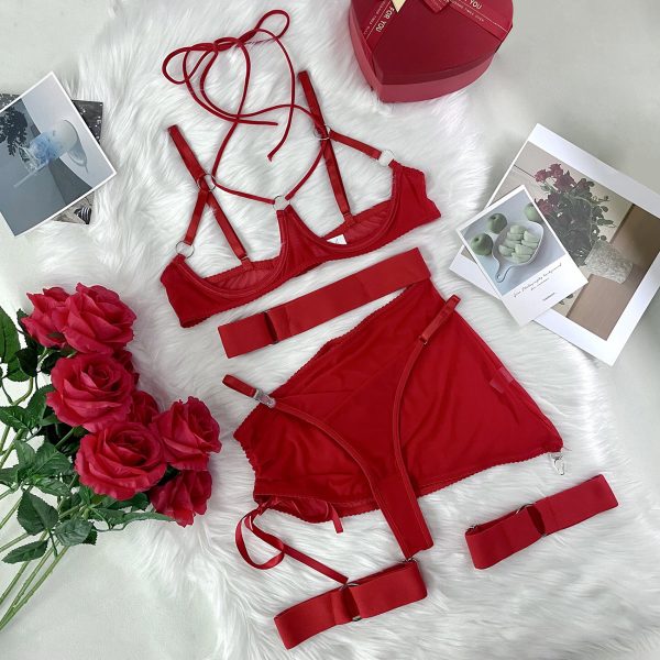 DIER  Fashion European and American Strap Cross Neck Sexy Mesh Overskirt Hollow Sexy Underwear Set - Image 7