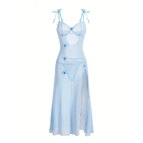European and American Style Sexy Perspective Mesh Temptation Lace Backless High Split light blue Sexy Sling dress - Image 5
