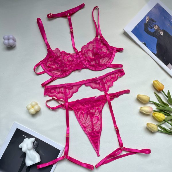 DIER  Europe and the United States hot multi-color lace sexy lingerie women sexy eyelash pajamas bra three-piece set - Image 9