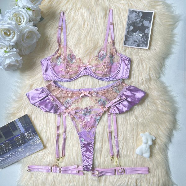 DIER Fashion Heavy Embroidered Satin Stitching Sexy Lace-up Sling Underwear Kit - Image 6