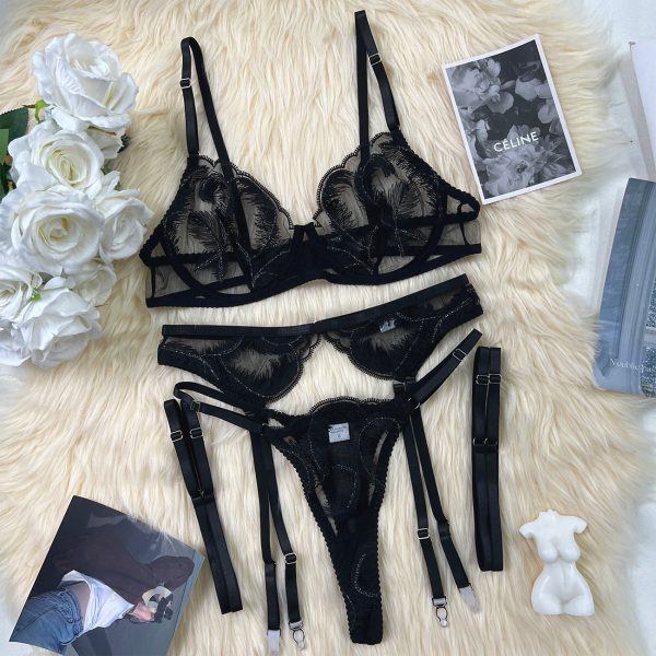 Dier European and American Sexy Popular Sexy Temptation Mesh Heavy Embroider Bra Set - Image 7