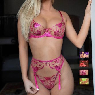 Deer European and American New Three-point Perspective Underwear Three-piece Set Sexy Lace Heavy Embroidery Fun Set