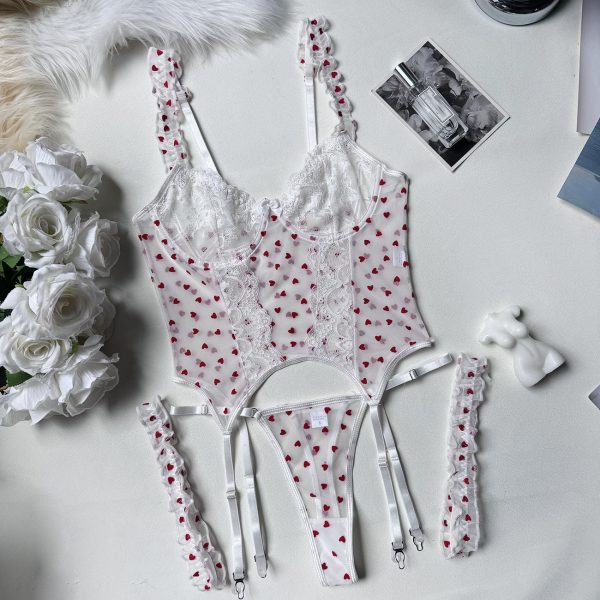 DIER Flocked Heart 4-piece Set Sexy Ladies Intimates Set Suspender Bra + Thong + 2 Leg Socks - Image 7