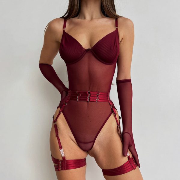 DIER Outer Wear Mesh bodysuit Belt Garter Buckle Open File Hidden Buckle Belt Gloves Underwear Kit Jumpsuit - Image 2