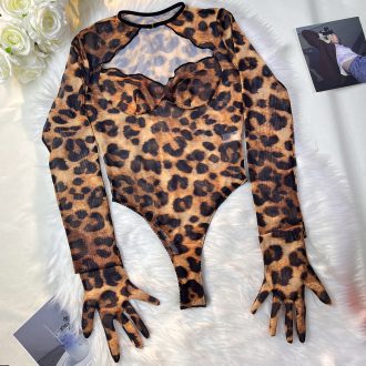 DIER European and American Sex Leopard Print bodysuit Outer Wear One-piece Suit with Gloves