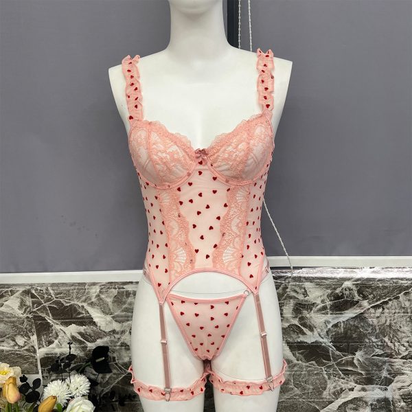 DIER Flocked Heart 4-piece Set Sexy Ladies Intimates Set Suspender Bra + Thong + 2 Leg Socks - Image 9