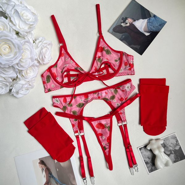DIER European and American sexy red floral mesh tulle mesh tights set 4-piece underwear set - Image 6