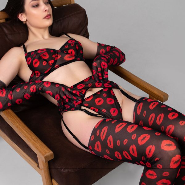 DIER European and American Sexy Lips Rose Red Pure Color Garter Gloves Sexy Intimates Sexy Kit - Image 4