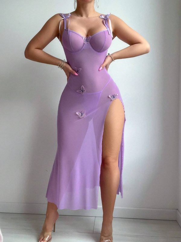 European and American Style Sexy Perspective Mesh Temptation Lace Backless High Split light blue Sexy Sling dress - Image 7