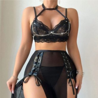 Europe and the United States sexy hanging neck lace temptation split mesh skirt sexy underwear four-piece set