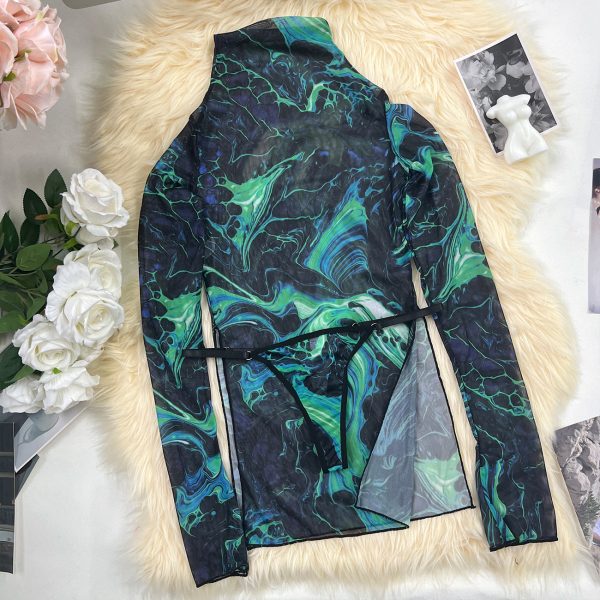 DIER European and American  New Sexy Sexy High-neck Long-sleeved Mesh Tie-dye Dress Wholesale - Image 8