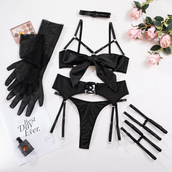 Europe and the United States high quality sexy underwear sexy bow dew underwear with leg ring gloves suit - Image 4