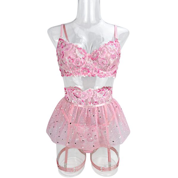 DIER Fashion European and American Explosions Embroidered Mesh Back Sexy Lace-up Sling Underwear Kit - Image 5