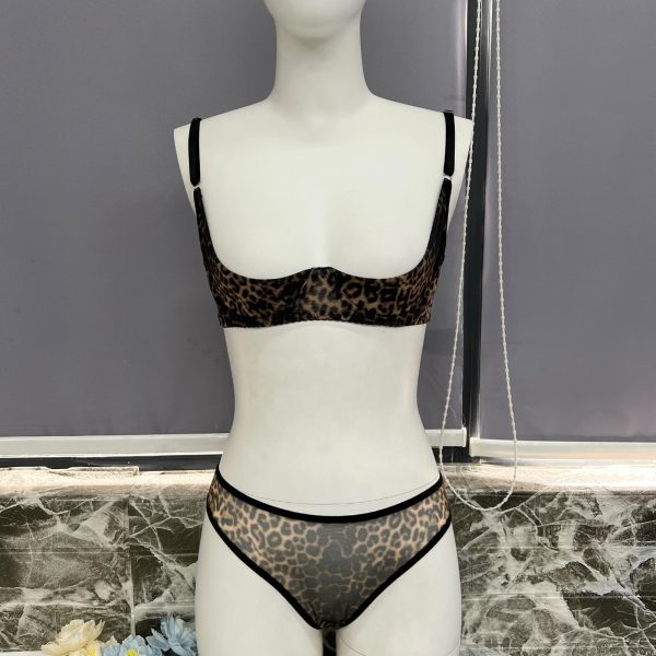 DEIR European and American leopard print sexy milk leakage erotic underwear steel ring mesh underwear suit sexy kit - Image 7