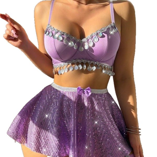 Europe and the United States pure color suspender top bow sequins skirt with net stockings sexy underwear - Image 5
