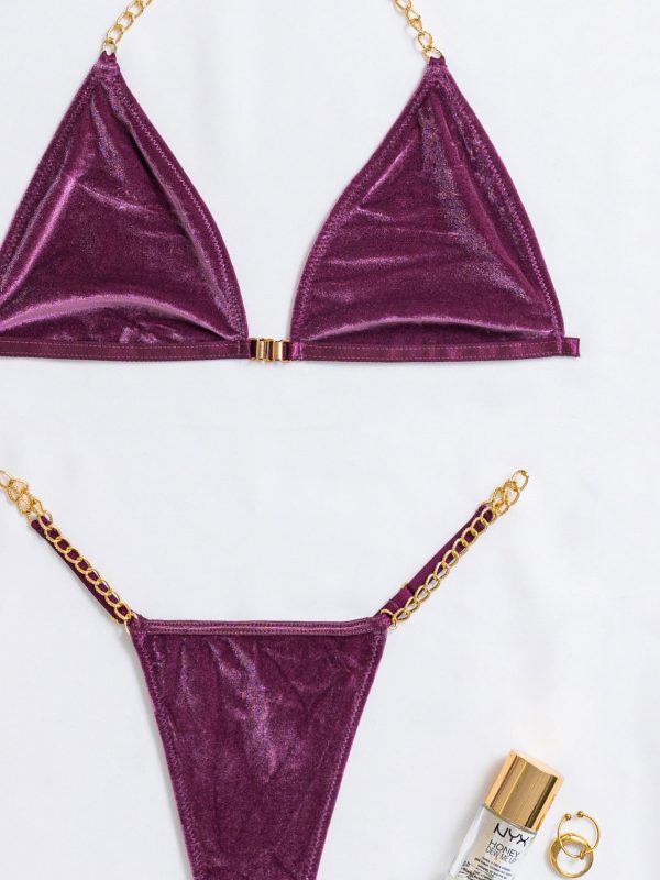 European and American Sex Lingerie Sexy Strap Metal Chain Suede Hanging Neck Backless Three-point Split Two-piece Set - Image 8