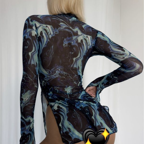 DIER European and American  New Sexy Sexy High-neck Long-sleeved Mesh Tie-dye Dress Wholesale - Image 5