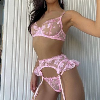 DIER European and American Heavy Industry Love Embroidery Girl Lace Bow Sexy Lingerie Garter 4-piece Set