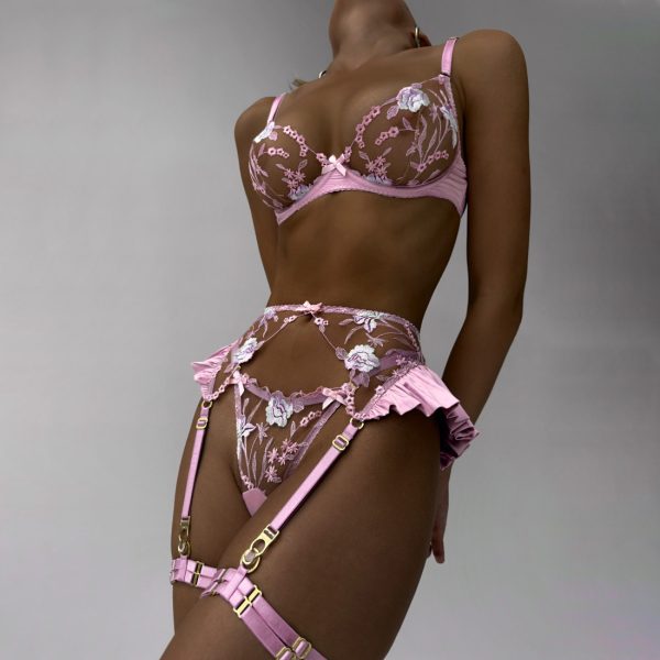 DIER Fashion Heavy Embroidered Satin Stitching Sexy Lace-up Sling Underwear Kit - Image 3