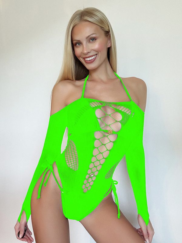 Sexy Lingerie Long-Sleeved Bikini Sexy See-Through One-Piece Suspender Temptation Cut Out One-Piece Stockings Mesh K212 - Image 10