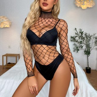 new sexy underwear conjoined mesh clothing fishing net hole Europe and the United States hollow sexy underwear w528