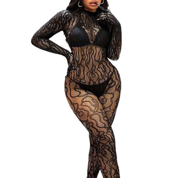 Europe and the United States quality sexy one-body stockings jacquard sexy hollow long sleeve mesh jumpsuit K310 - Image 5