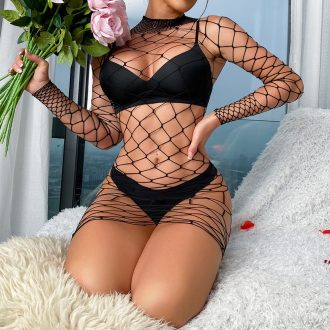 Sexy underwear European and American sexy long sleeve mesh women's transparent hollow silk stockings tight mesh one-piece w543