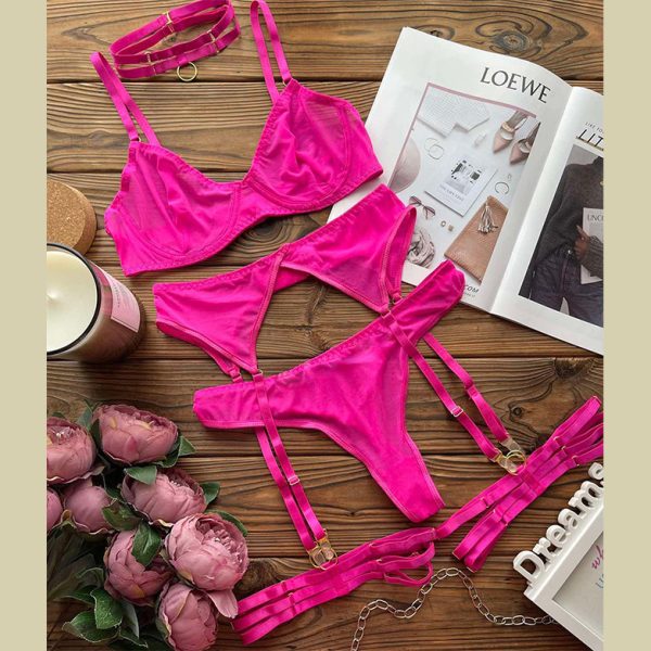Europe, America and   New Women's Fashion Sexy Underwear Sexy Mesh Gathering with Steel Ring Four-piece Set - Image 10