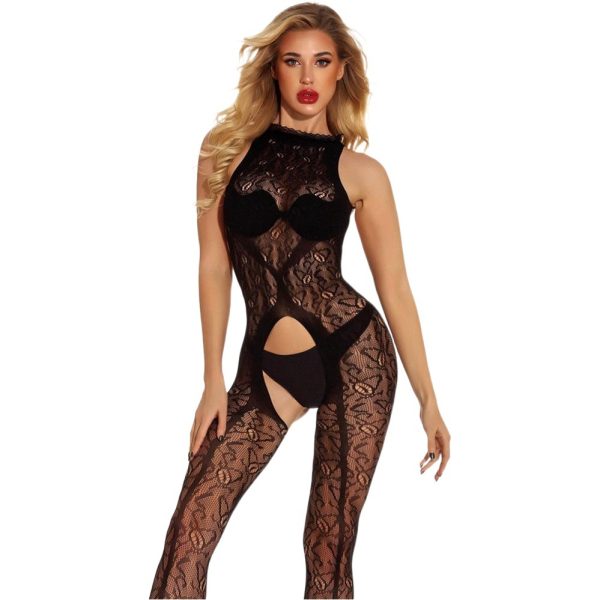 European and American Sex Stockings Lace Perspective Jacquard Net Stockings Hanging Neck Lace Leaky Back One-piece Silk Stockings