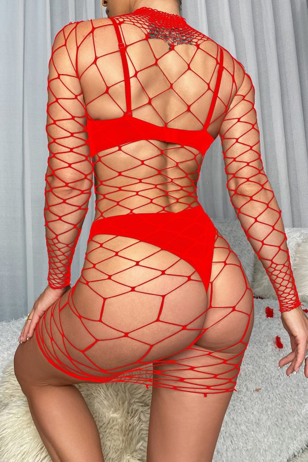 Sexy underwear European and American sexy long sleeve mesh women's transparent hollow silk stockings tight mesh one-piece w543 - Image 9