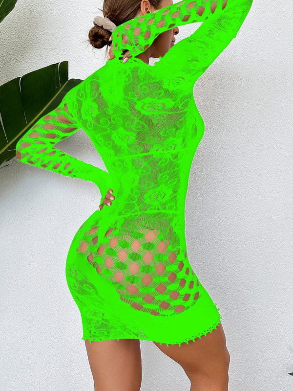 European and American sexy hip skirt sexy lingerie one-piece hollow tight perspective long sleeve mesh w733 - Image 12