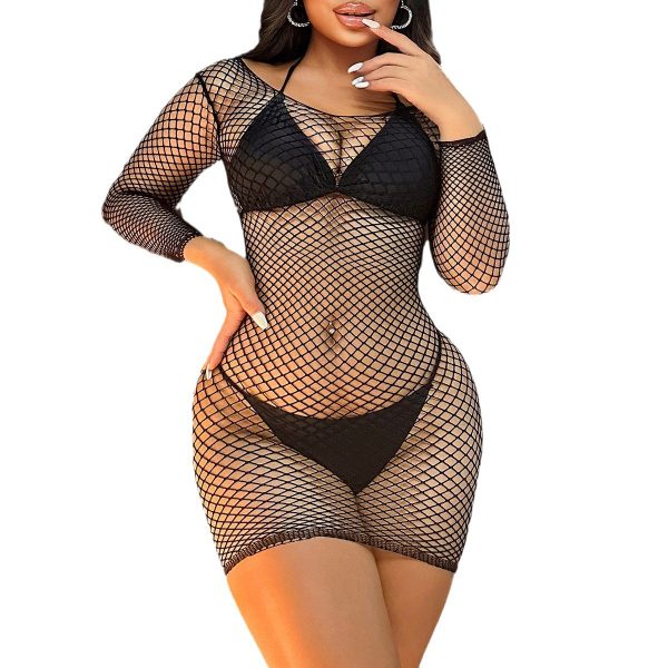 European and American Sexy Underwear Mesh Clothing Sexy Fishing Net Jets Pajamas Long Sleeve Wrap Skirt Backless Tight W781 - Image 5
