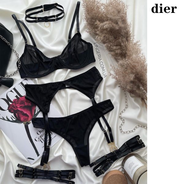 Europe, America and   New Women's Fashion Sexy Underwear Sexy Mesh Gathering with Steel Ring Four-piece Set - Image 6