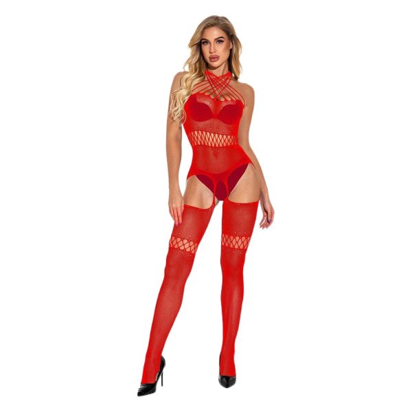 Sexy Lingerie Sexy Temptation Hanging Neck Hollow Open Crotch Transparent One-piece Mesh Net Hole One-piece Net Stockings w436