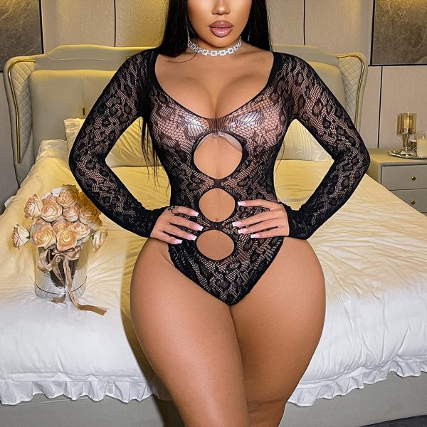 Fun underwear European and American fruit green foreign trade bikini conjoined long sleeve hole mesh openwork backless hip skirt w798 - Image 6
