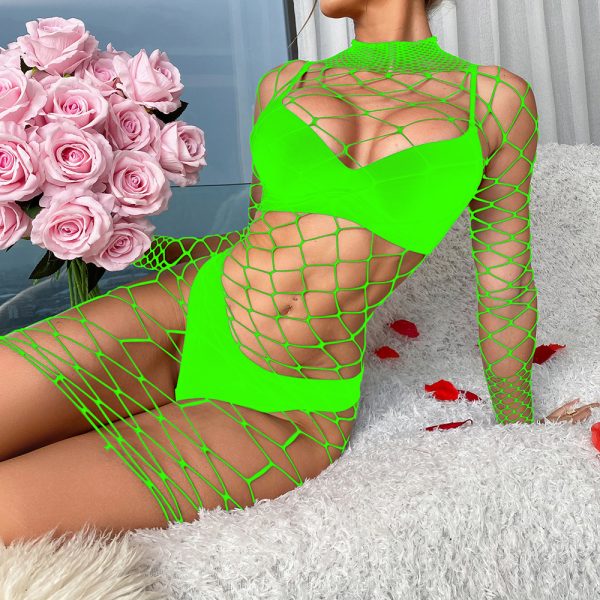 Sexy underwear European and American sexy long sleeve mesh women's transparent hollow silk stockings tight mesh one-piece w543 - Image 11